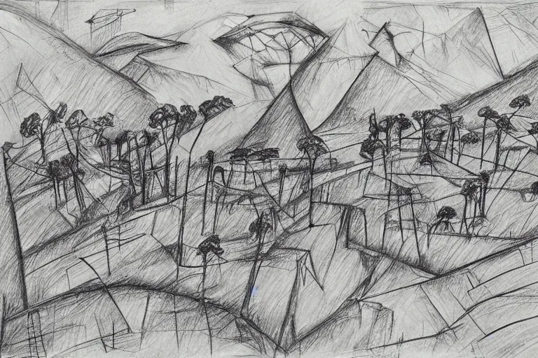 Prompt: abstract landscape pencil drawing art of meercat family towering over tiny xhosa villages. award winning abstract surrealism by william kentridge and escher.