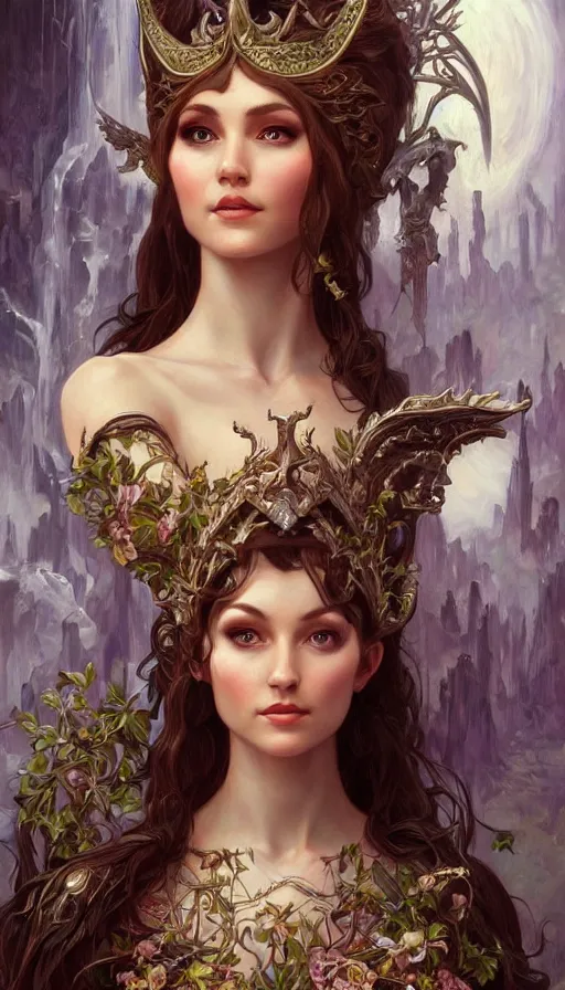 Image similar to a oil painting of a elven queen, cute, fantasy, intricate, elegant, highly detailed, centered, digital painting, artstation, concept art, smooth, sharp focus, illustration, art by artgerm and h r giger and alphonse mucha