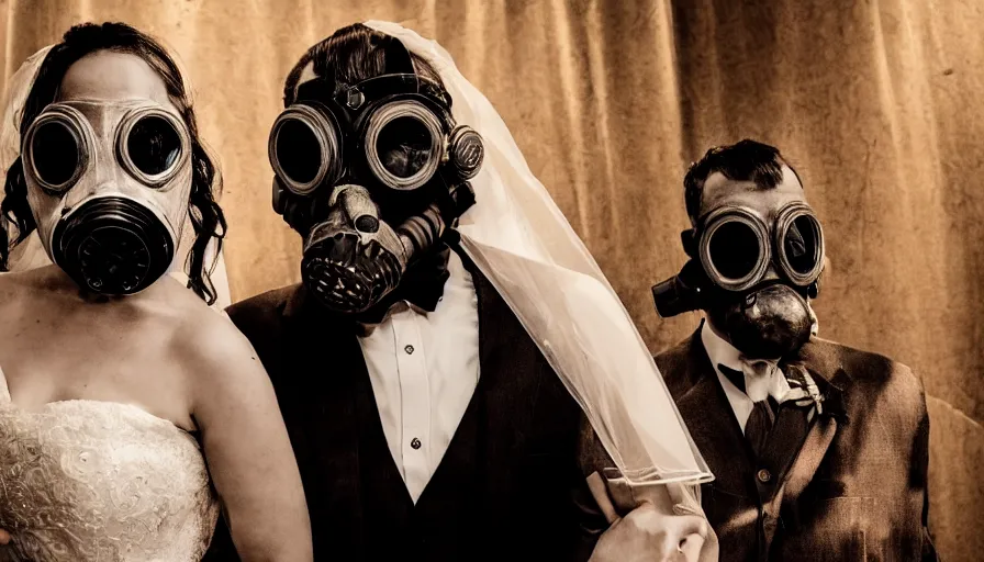 Prompt: disturbing big budget hollywood movie bride and groom wearing gas masks at the marriage of reason and squalor perfect composition dramatic lighting chiaroscuro