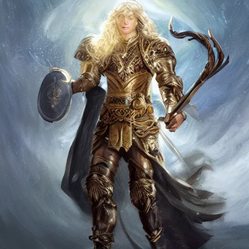 Image similar to Full body shot of beautiful male cleric with long flowing blonde hair wearing burnished bronze armour emblazoned with a swan on the breastplate. Wielding a magical scimitar embossed with the phases of the moon. Magic, bright divine lighting, flux. High fantasy, digital painting, HD, 4k, detailed by Ruan Jia