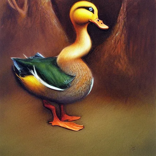 Prompt: a duck on the prowl oil painting brian froud