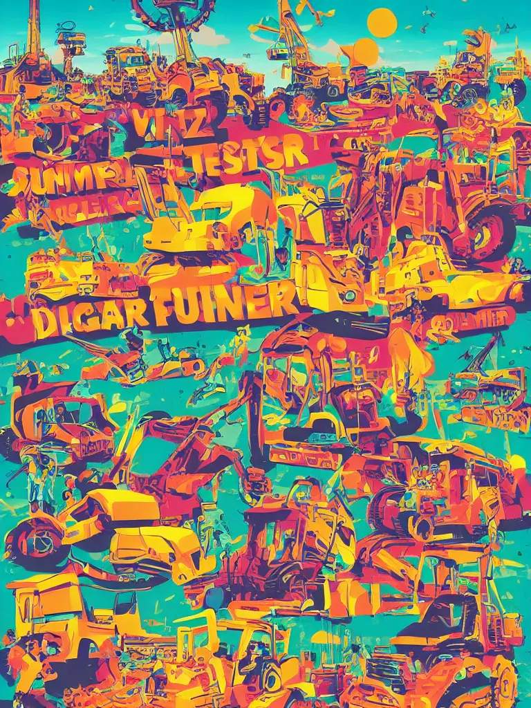 Prompt: poster for a summer festival called diggerfest in the united kingdom, digger land, really good vibes, colorful, construction, friends