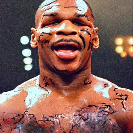 Image similar to mike tyson melting on lsd, detailed facial expressions, 1 9 8 0 s aesthetic