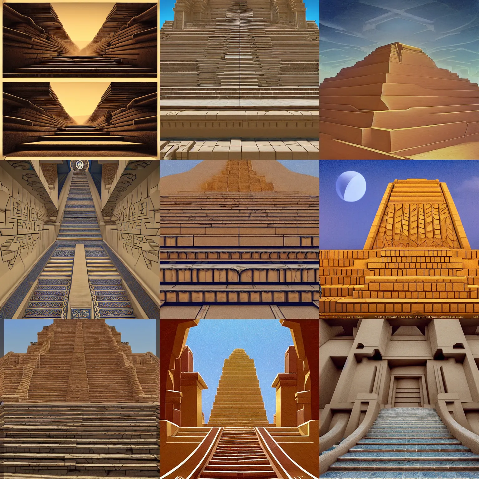 Prompt: repeating recursive Ziggurat upwards stairs by Sylvain Sarrailh and Nicholas Roerich and Annie Swynnerton, art deco ,dramatic cinematic lighting, high coherence, beautiful tilework, ornate architecture, lost civilizations, smooth, sharp focus, extremely detailed + 8k