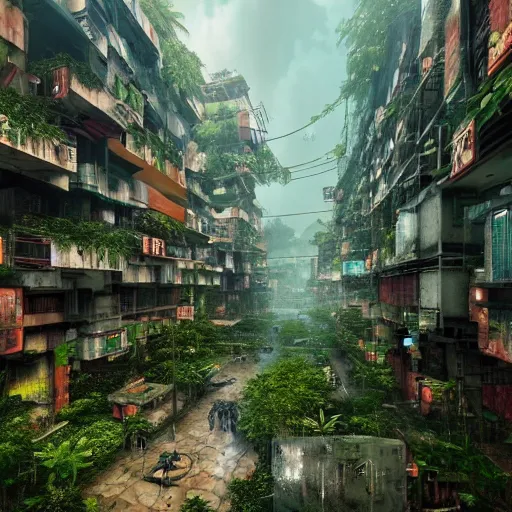 Prompt: Cyberpunk FantasyCore Kowloon walled city overgrown with lush vegetation rendered in Lumion Pro, Autodesk Solidowkrs Visualize, Maya, and Cinema 4D by Iwan Baan, Greg Rutkowski, Ted Gore, Dustin Lefevre, and Jaya Su Berg, trending on artstation, cgsocciety r/art