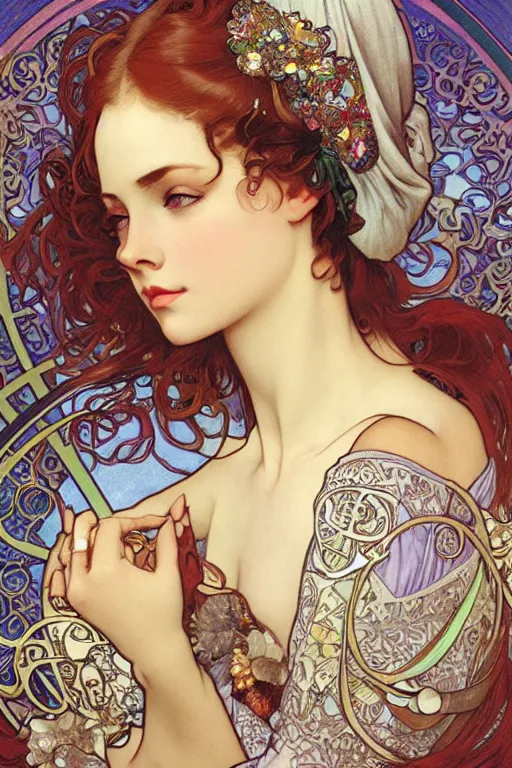 Prompt: hyper - realistic a female model with head scarf and bejeweled sunglasses, beautiful, flirty by alphonse mucha, ayami kojima, amano, charlie bowater, karol bak, greg hildebrandt, jean delville, pablo picasso and mark brooks, art nouveau, neo - gothic, gothic, iridescent deep colors