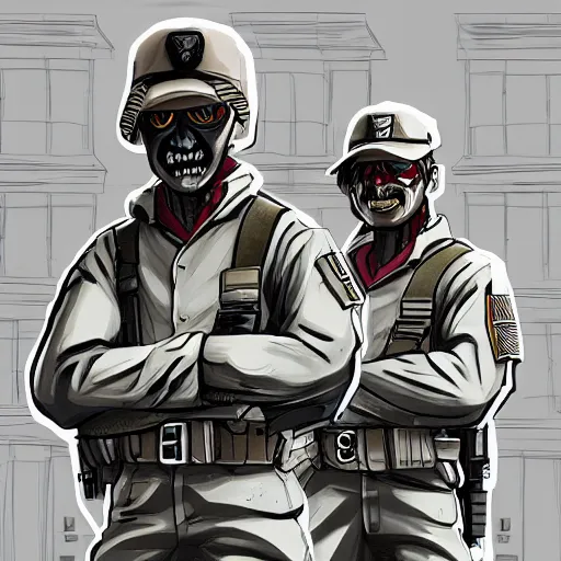 Image similar to ( ( beige ) ) uniform and caps zombie ranger officers ( group ) ( background brutalist gray concrete office ) trending on artstation high detail digital painting 4 k 8 k hd accurate glow red
