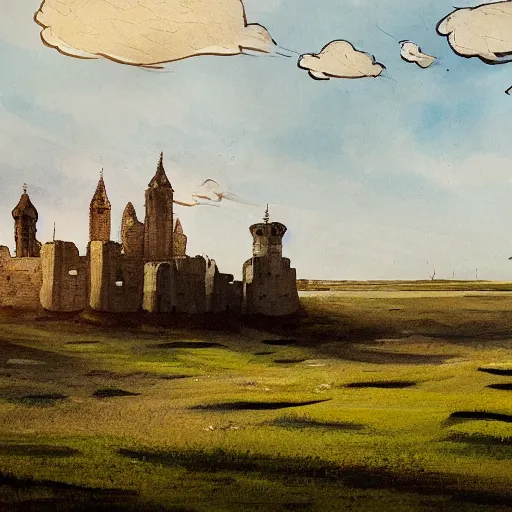 Prompt: painting of a vast field in a large medieval kingdom, dirt paths in various directions and a temple and a large castle visible in the distance, trending on artstation