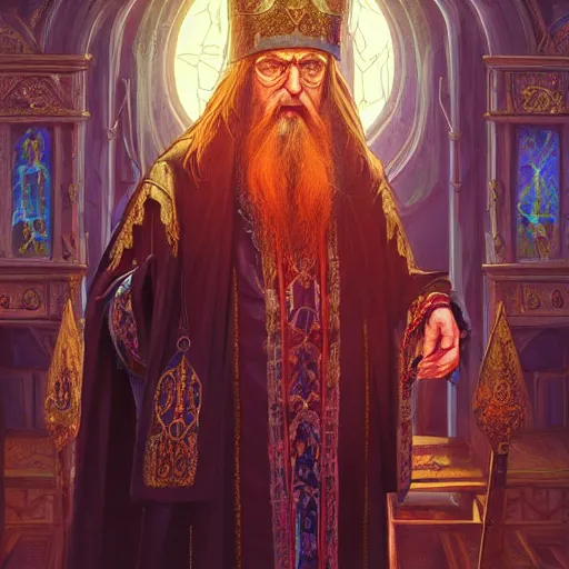 Image similar to portrait of an elderly orthodox patriarch with dark hair, fantasy style clothing, castle interior background, rich vivid colors, ambient lighting, dynamic lighting, 4k, official media, anime key visual, makoto shinkai, ilya kuvshinov, lois van baarle, rossdraws, detailed, trending on artstation