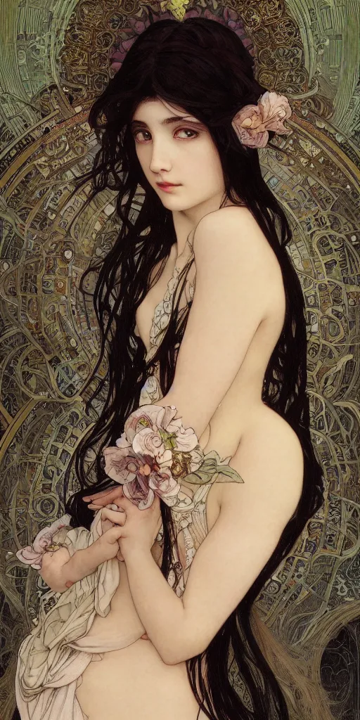 Prompt: highly detailed portrait of a beautiful girl, endless black hair, with pale skin, fibonacci, fragile, sitted on an intricate stone throne by alphonse mucha, ayami kojima, yoshitaka amano, charlie bowater, karol bak, greg hildebrandt, jean delville, and mark brooks, 4 k resolution