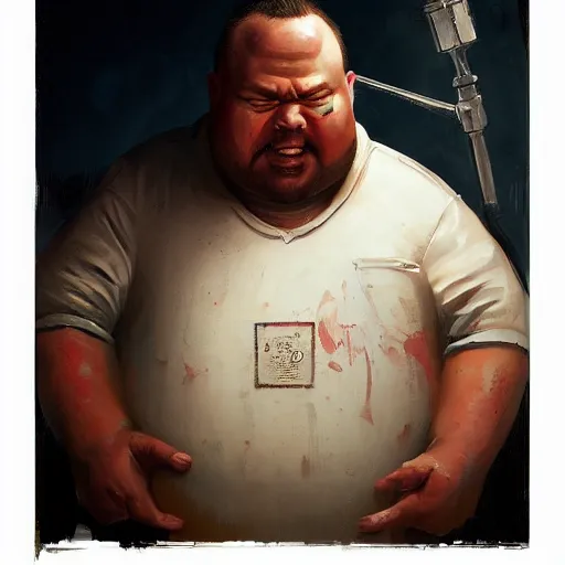 Prompt: closeup portrait of an overweight barkeeper with an artificial arm, ratz, neuromancer, bar background, painted by greg rutkowski, painted by igor kieryluk, high detail, dramatic light, digital art, trending on artstation