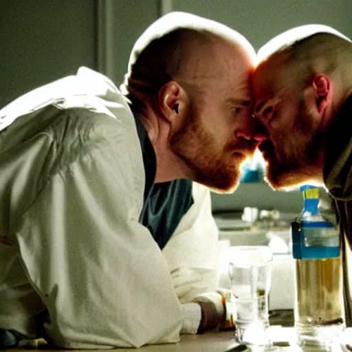 Prompt: walter white kissing jesse pinkman on the lips, hd still from the show breaking bad