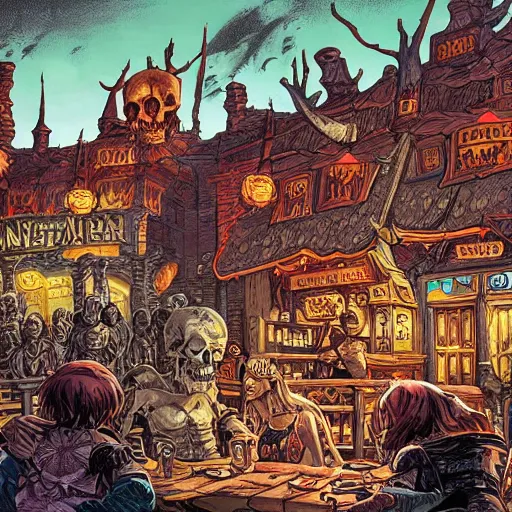 Prompt: precisely drawn illustration of fantasy tavern with skull motif, wide angle, sharp, fine details, french comic style, vibrant realistic colors, full color, heroic fantasy, intense line art, 8 k, precise linework, realistic, in the style of heavy metal comics and richard corben and moebius