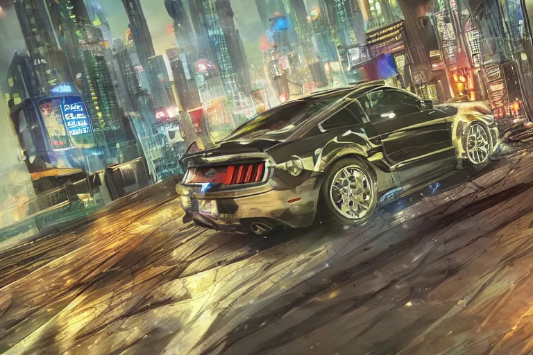 Image similar to ford mustang in cyberpunk city