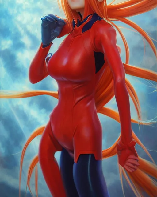 Image similar to asuka langley soryu wearing plugsuit, award winning photograph, radiant flares, realism, lens flare, intricate, various refining methods, micro macro autofocus, evil realm magic painting vibes, hyperrealistic painting by michael komarck - stephen gemmell