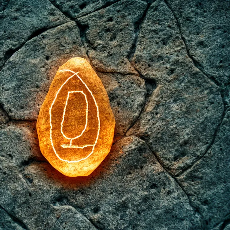 Image similar to photo of a stone with a luminous rune drawn on it. stone wrapped with copper wire. extremely high details, masterpiece, cinematic, octane rendering, depth of field, bokeh, cgsociety