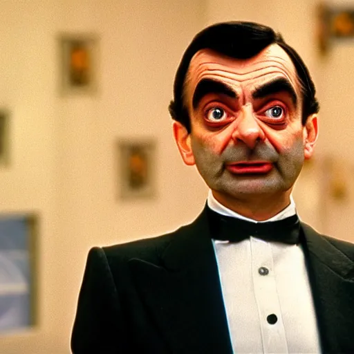 Image similar to a movie still of mr bean as a 1 9 8 0 s supervillain