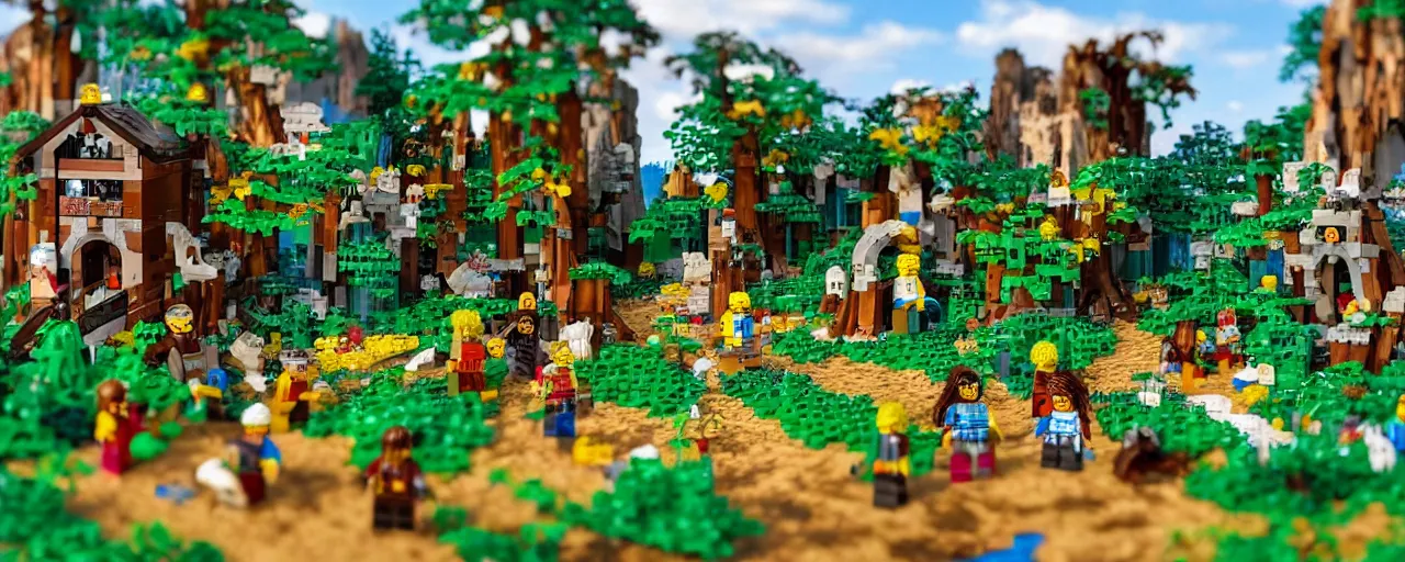 Image similar to Medieval beautiful enchanted landscape with trees, flourishing nature, lakes and waterfalls, made of LEGO, in the style of LEGO