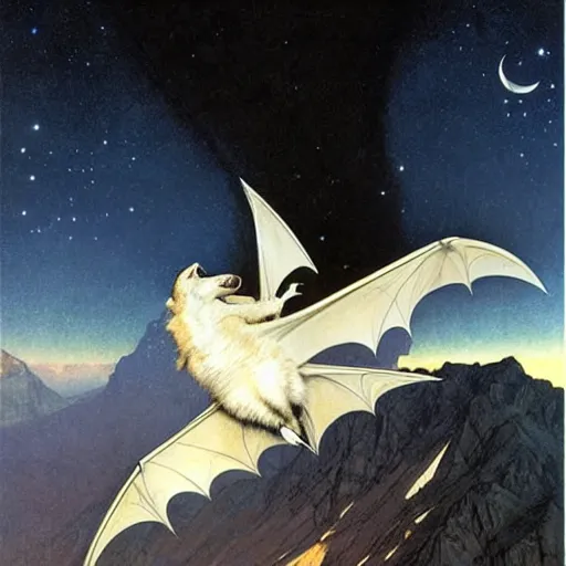 Image similar to hyper realistic white bat, flying against a dark black night sky, mountain in the background, moonlight, denoised, very detailed, painted by james gurney, alphonso mucha, norman rockwell, tom bagshaw