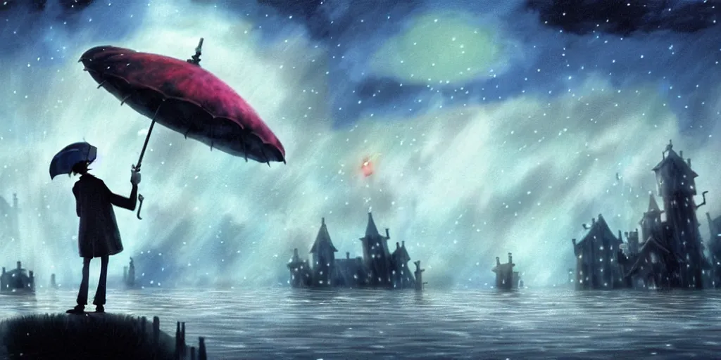 Image similar to a realistic and atmospheric cell - shaded concept art from howl's moving castle ( 2 0 0 4 ) of a multi - colored ufo in the air. a man with an umbrella is standing in a flooded city. it is a misty starry night. very dull muted colors, hd, 4 k, hq