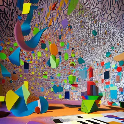 Image similar to a variety of shapes and textures. The art installation is full of movement and energy, and the viewer can find new details with each look. by Darwyn Cooke, by Jacob Hashimoto hideous, curvaceous