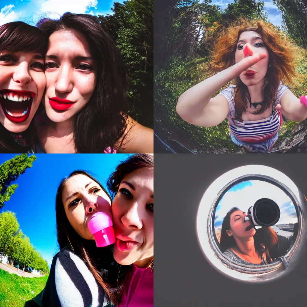 Prompt: fisheye lens photo of a woman kissing the camera, woman puckering her lips fisheye lens picture, gopro