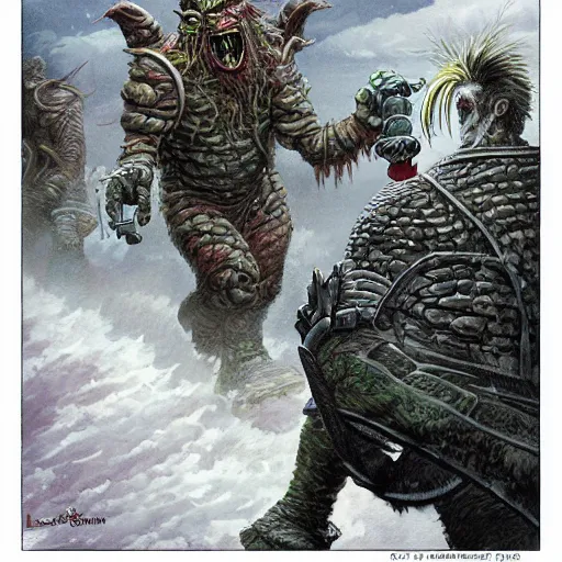 Image similar to greenskin goblin at mcdonalds, yelling at cashier, throwing big mac, by les edwards