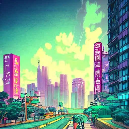 Prompt: realistic synthwave urban grunge cityscape, studio ghibli style