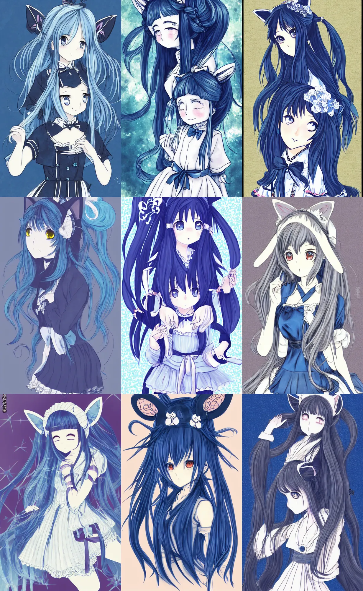 Prompt: Japanese manga style, adorable victorian maid anime girl with long hair and cat ears on top of head, blue tones, by Kurahana Chinatsu