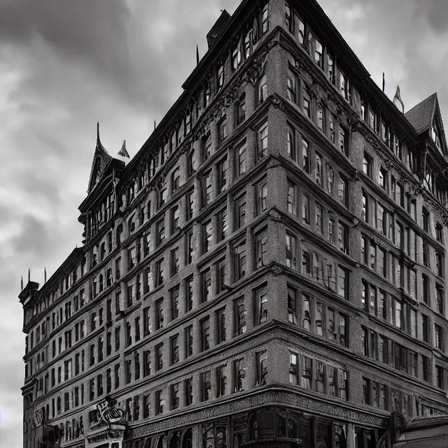 Prompt: photorealistic painting of a 1 9 2 0 s gothic style hotel in downtown boston, overlooking a dark street, architectural, atmospheric lighting, brooding, painted, intricate, ultra detailed, well composed, best on artstation, cgsociety, epic, horror, stunning, gorgeous, intricate detail, much wow, masterpiece, cinematic aesthetic octane render, 8 k hd resolution,