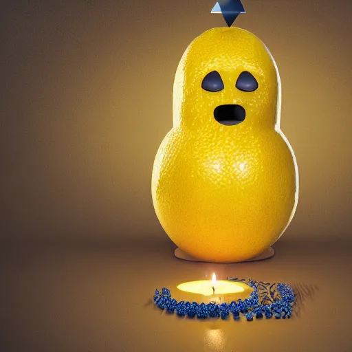 Prompt: an anthropomorphic lemon standing on a pentacle surrounded by candles, highly detailed, 4k