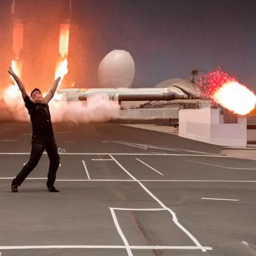 Prompt: a picture of elon musk launching like he's a rocket, full body, flames coming out of feet, dslr, launch test