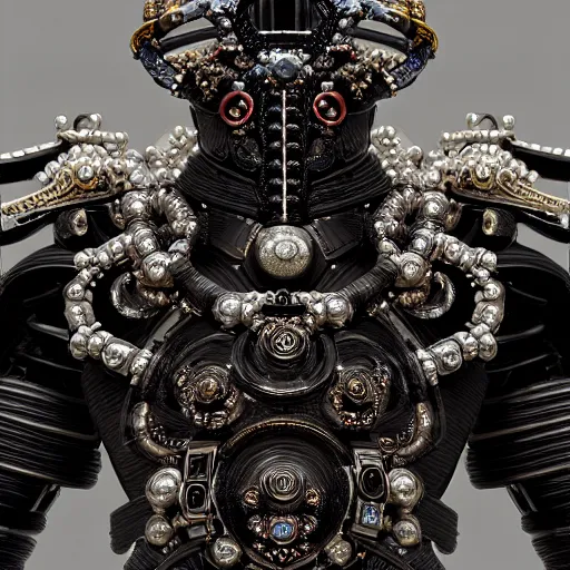 Image similar to cyber black samurai made of pearl beads : by michal karcz, daniel merriam, victo ngai and guillermo del toro : ornate, dynamic, particulate, intricate, elegant, highly detailed, centered, artstation, smooth, sharp focus, octane render