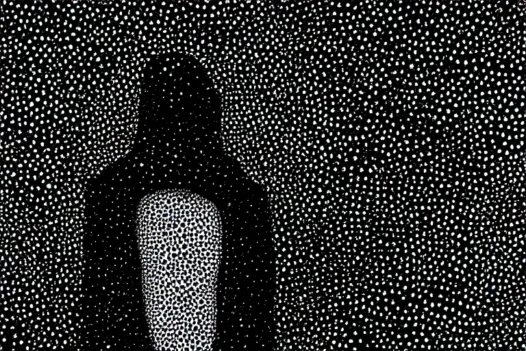 Prompt: black figure, faceless people dark, dots, drip, stipple, pointillism, technical, abstract, minimal, style of francis bacon, asymmetry, pulled apart, cloak, hooded cowl, made of dots, abstract, balaclava, colored dots, sploch