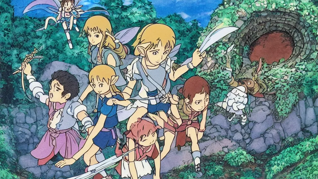 Prompt: 1 9 8 0 s “ studio ghibli ” anime featuring “ link ” with a fairy and “ princess zelda ” fighting against monsters in a dungeon labyrinth.