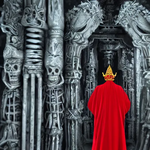 Image similar to skeleton king in a temple, standing. Thick red robes, shinning jeweled crown. Mighty, 4k, artstation, high detail, octane, wide angle shot from below