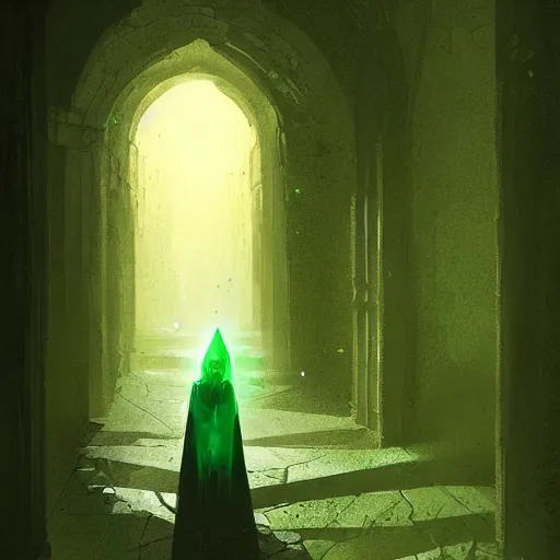 Image similar to dark stone hallway with green goo in the corners as an adventurer with a torch walks through, by greg rutkowski