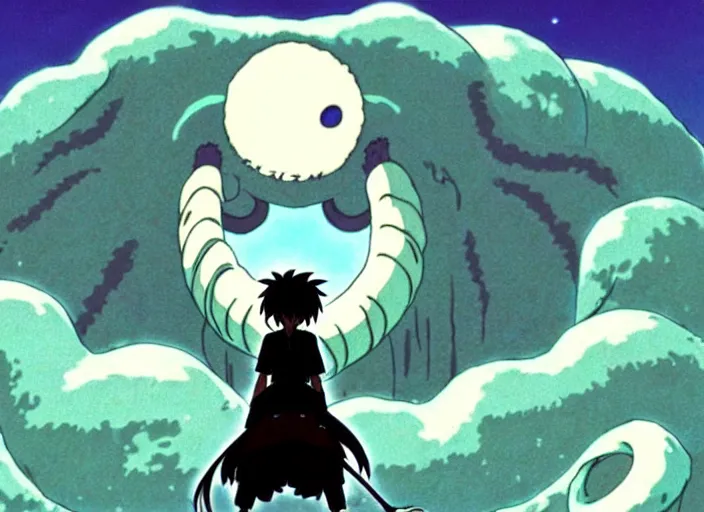 Prompt: a still from a studio ghibli movie of a cartoon cthulhu from princess mononoke ( 1 9 9 7 ), in front of a pale full moon, full body, wide shot, very dull muted colors, studio ghibli, highly detailed, deviantart, art by artgem