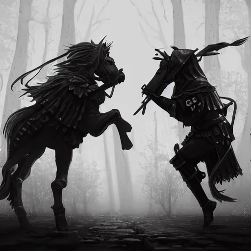 Prompt: two chess pieces fighting, the knight and the bishop on a wood chess board , fantasy art, in the style of greg rutkowski, illustration, epic, fantasy, intricate, hyper detailed, artstation, concept art, smooth, black and white, sharp focus, ray tracing