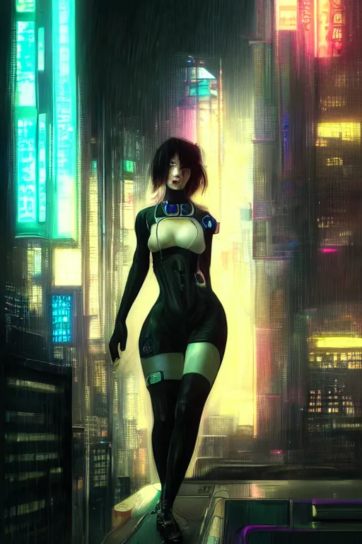 Image similar to portrait futuristic lovely cyberpunk female police, in heavy rainning futuristic tokyo rooftop cyberpunk night, ssci-fi, fantasy, intricate, very very beautiful, elegant, neon light, highly detailed, digital painting, artstation, concept art, soft light, hdri, smooth, sharp focus, illustration, art by tian zi and craig mullins and WLOP and alphonse mucha