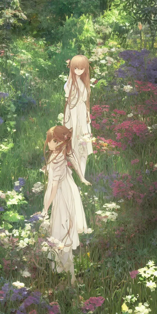 Image similar to a digital art of a loli with long hair in a dress in the privet garden at after noon, green and warm theme, back lighting, by krenz cushart and mucha and akihito yoshida and greg rutkowski and makoto shinkai, extremely long shot, detailed eyes, 4 k resolution, trending on art station