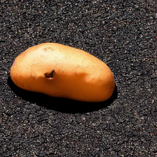 Prompt: a burnt potato laying in the asphalt, realistic, 8 k, detailed