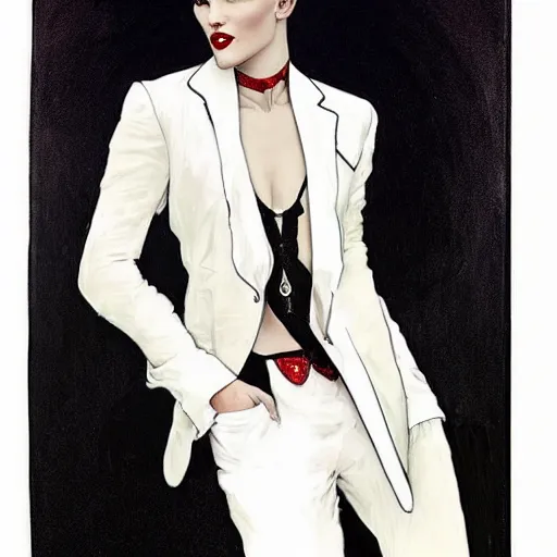 Image similar to stunning portrait of androgynous ruby rose as desire from sandman in a white tuxedo!!!, rockabilly style,, by alphonse mucha, by jeremy mann, by peter lindbergh, dave mckean, by maurice sapiro, by frank moth, white suit and black tie, soft lightning, high detailed, 8 k