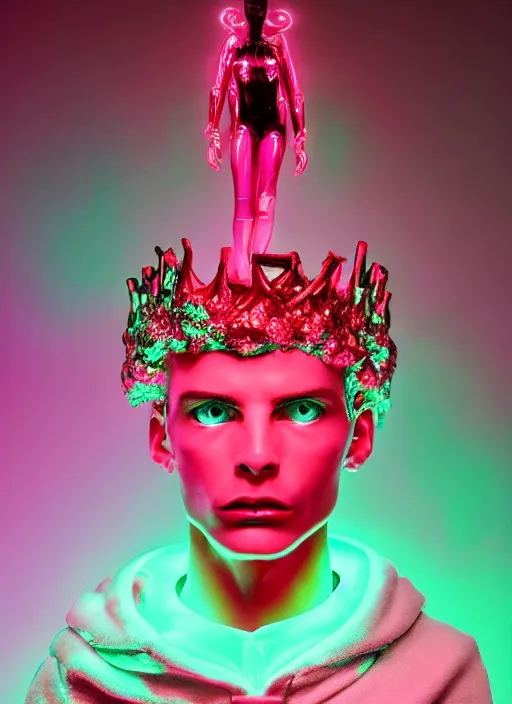 Prompt: photo of baroque and bladerunner delicate neon ruby sculpture of seductive ceramic albino king adrien sahores space pink iridescent humanoid deity wearing black fluffy hoody holding diamond skull in a black metallic dungeon, reclining, glowing rainbow face, crown of white diamonds, cinematic lighting, photorealistic, octane render 8 k depth of field 3 d