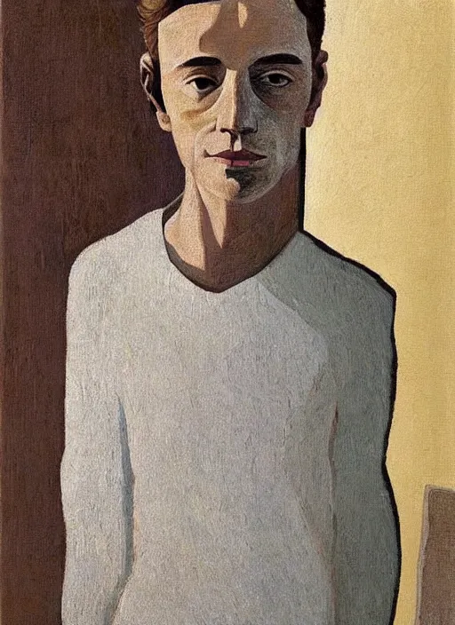 Prompt: a painted portrait of a man, art by felice casorati, aesthetically pleasing and harmonious natural colors, expressionism, natural light, fine day, portrait