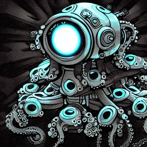 Prompt: a robot cyborg octopus, half octopus half machine, glowing eyes, underwater, murky, dark, ominous, film still