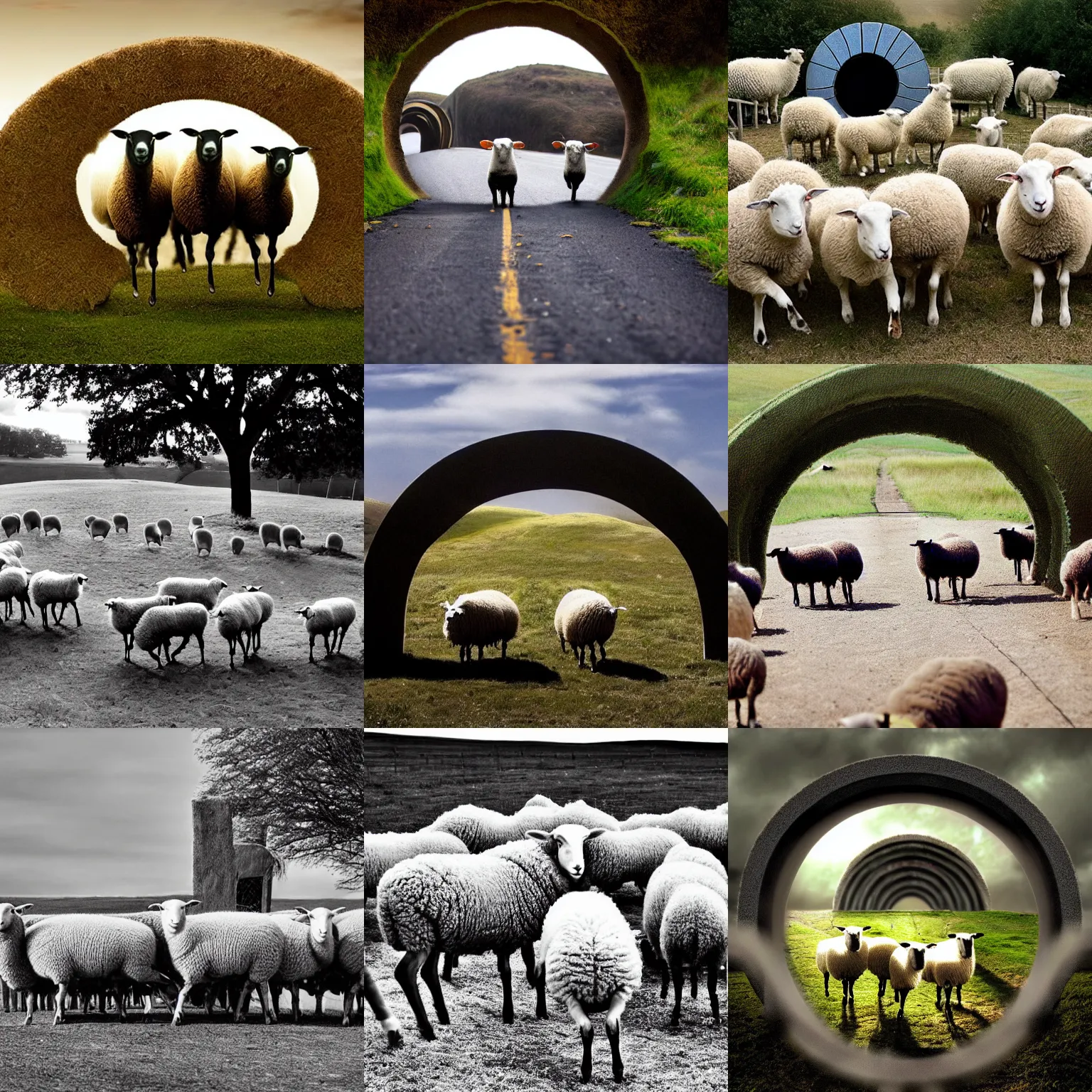 Prompt: surreal photo of sheep entering stargate