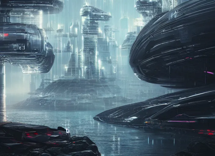 Prompt: cult of technology, exterior, cyberpunk, shinning lighting, side view, scifi, machines, ocean animals, artificial intelligence!!, ultra realistic, highly detailed, brain in a vat!!, futuristic landscape, citadel, industrial, city, atmosphere, highlighted, cinematic, art by jan urschel and neil blevins, sharp fo 7