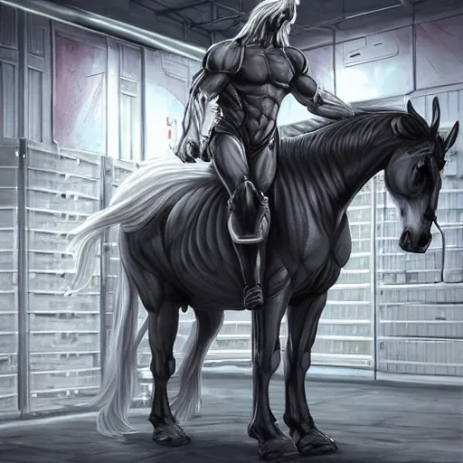 Prompt: a gigantically muscular anthro horse in a research facility wearing a skintight body armor, experimental supersoldier, steroid - fueled physique, long white mane, equine, anthro art, furaffinity, highly detailed, digital painting, artstation, concept art, illustration, art by artgerm, greg rutkowski, ruan jia