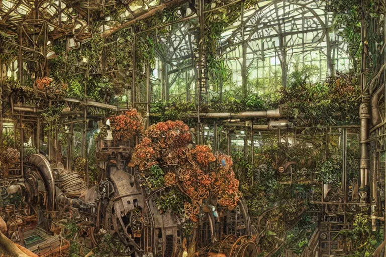 Prompt: Inside an enormous steampunk machine room with lush vegetation growing around the achines, tropical trees, large leaves, flowers, very detailed painting, hyperrealism, by Rebecca Guay